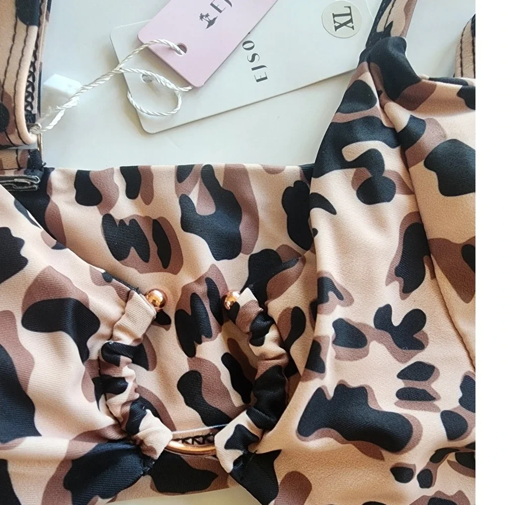 EJSOYO Leopard Print High Waisted‎ Bikini Set Tan Brown XL New With Tags
